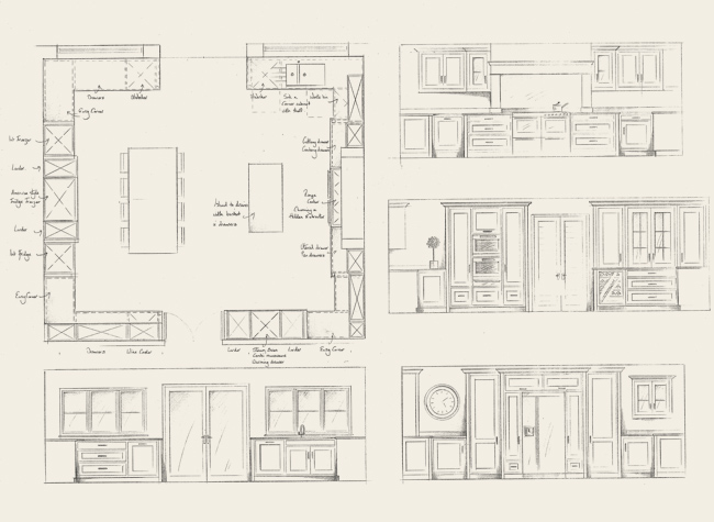 Hand-drawn kitchen design showing floor plan and elevation