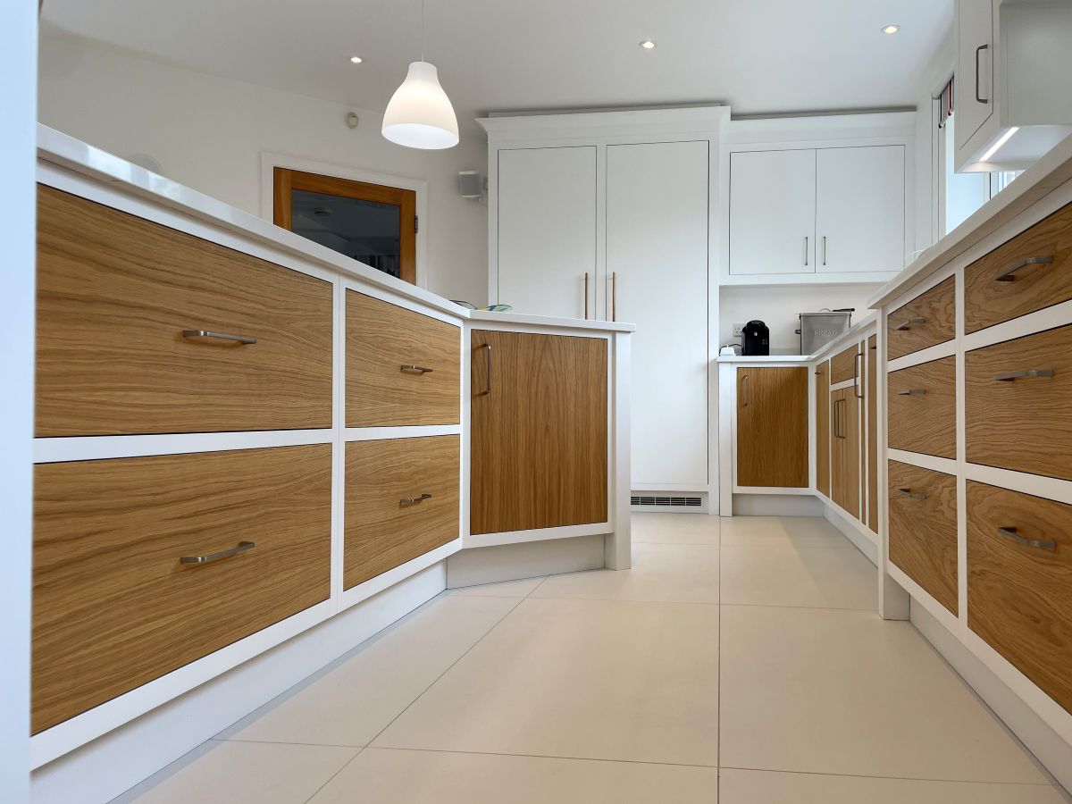 Bespoke kitchen with contemporary features and oak drawer and door fronts